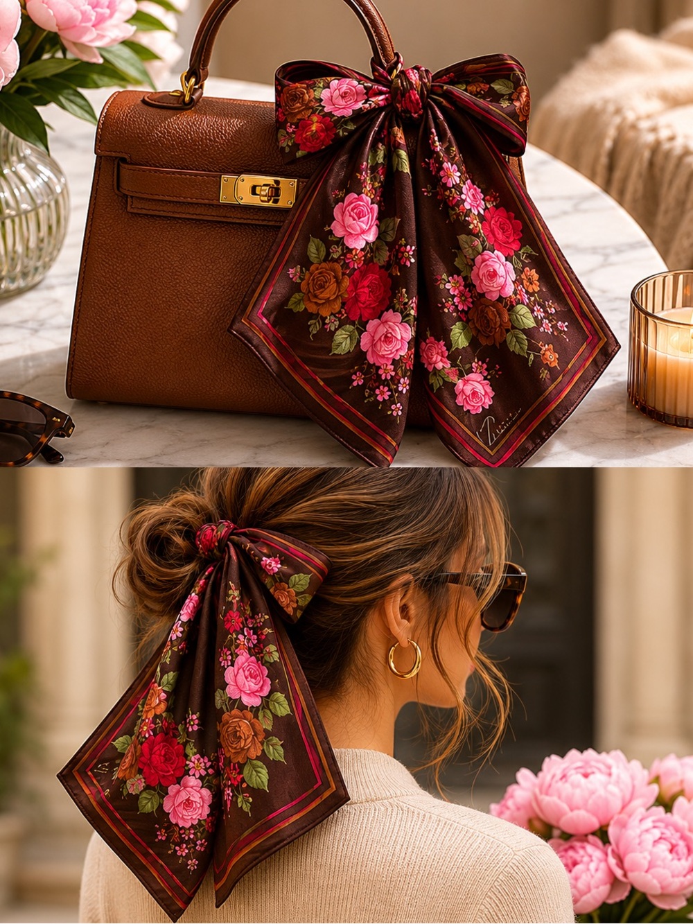 Floral Brown Scarf Vintage Singapore souvenir